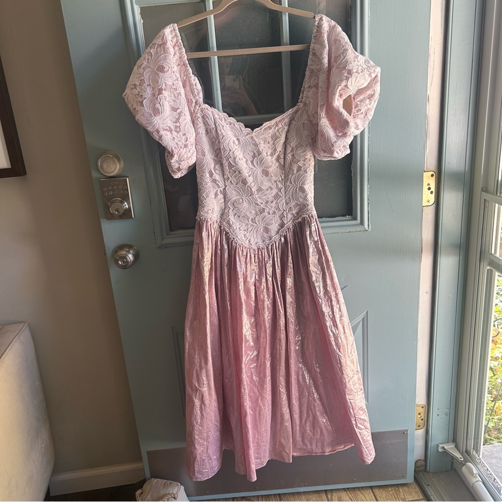 Vintage 70’s 80’s Pink Lace Puffy Sleeve Formal Midi Length Prom Dress Costume 6